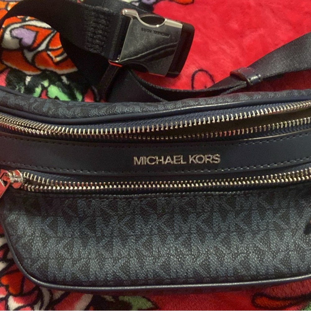 Michael Kors Navy Logo Belt Bag with Silver Hardware